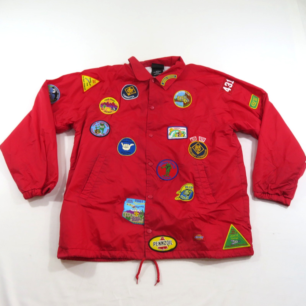 Boy Scouts BSA Windbreaker Jacket Red Dickies Brand Sz L 27 Patches Y2K Vintage
